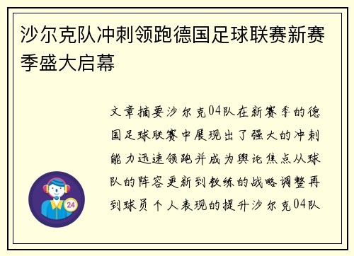 沙尔克队冲刺领跑德国足球联赛新赛季盛大启幕