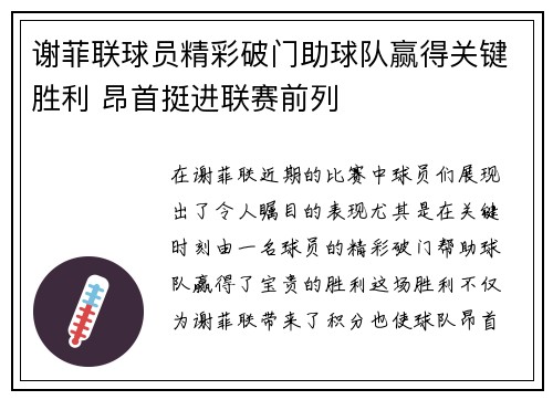 谢菲联球员精彩破门助球队赢得关键胜利 昂首挺进联赛前列