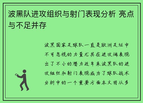 波黑队进攻组织与射门表现分析 亮点与不足并存