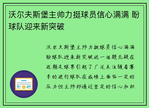 沃尔夫斯堡主帅力挺球员信心满满 盼球队迎来新突破