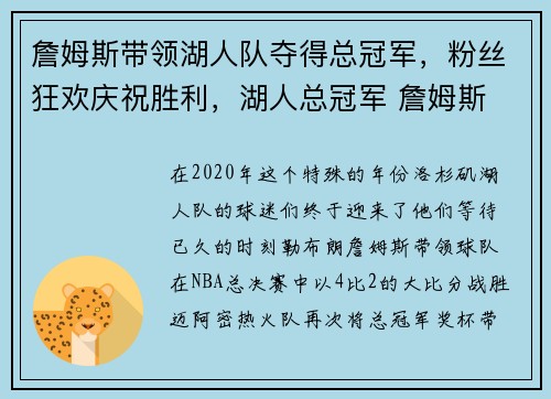 詹姆斯带领湖人队夺得总冠军，粉丝狂欢庆祝胜利，湖人总冠军 詹姆斯