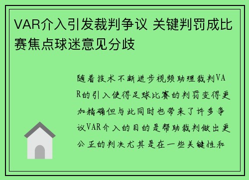 VAR介入引发裁判争议 关键判罚成比赛焦点球迷意见分歧