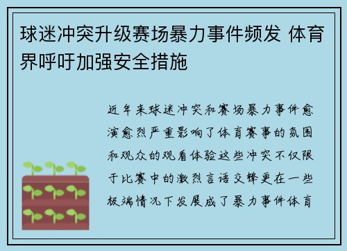 球迷冲突升级赛场暴力事件频发 体育界呼吁加强安全措施