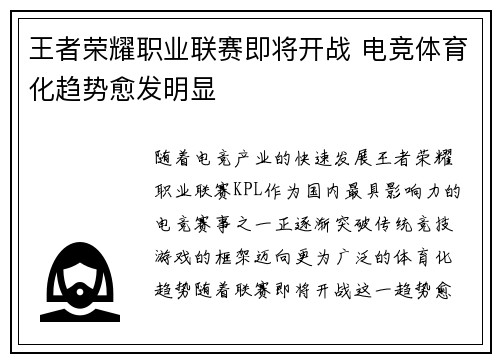 王者荣耀职业联赛即将开战 电竞体育化趋势愈发明显