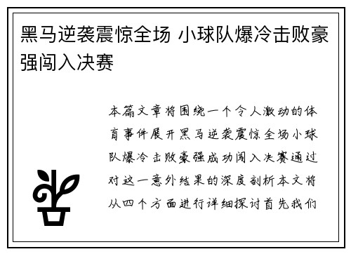 黑马逆袭震惊全场 小球队爆冷击败豪强闯入决赛